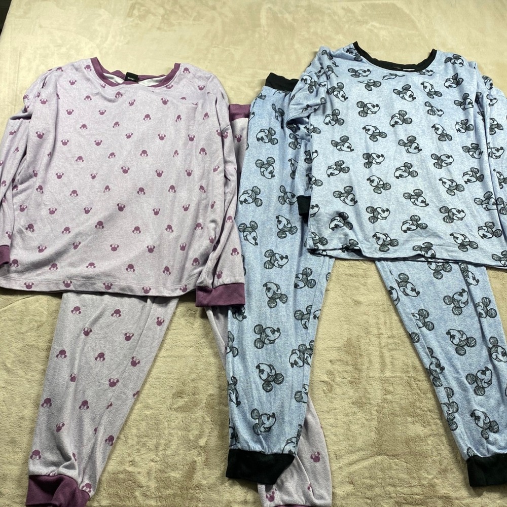 Lot of Two Disney Mickey Minnie Mouse Pajama Blue Purple Women Medium M PJ Set